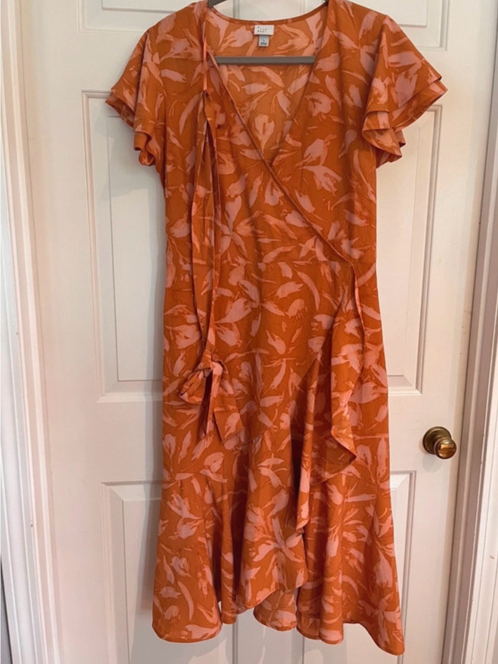 A New Day Womens L Orange Pink Floral Wrap Midi Dress V-Neck Flutter Ruffle